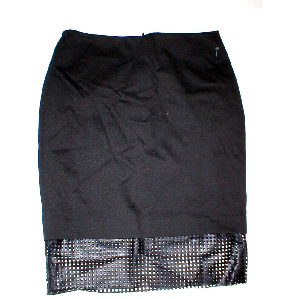 New NWT Womens 6 Donna Degnan Faux Perforated Leather Trim Skirt Black USA Slit